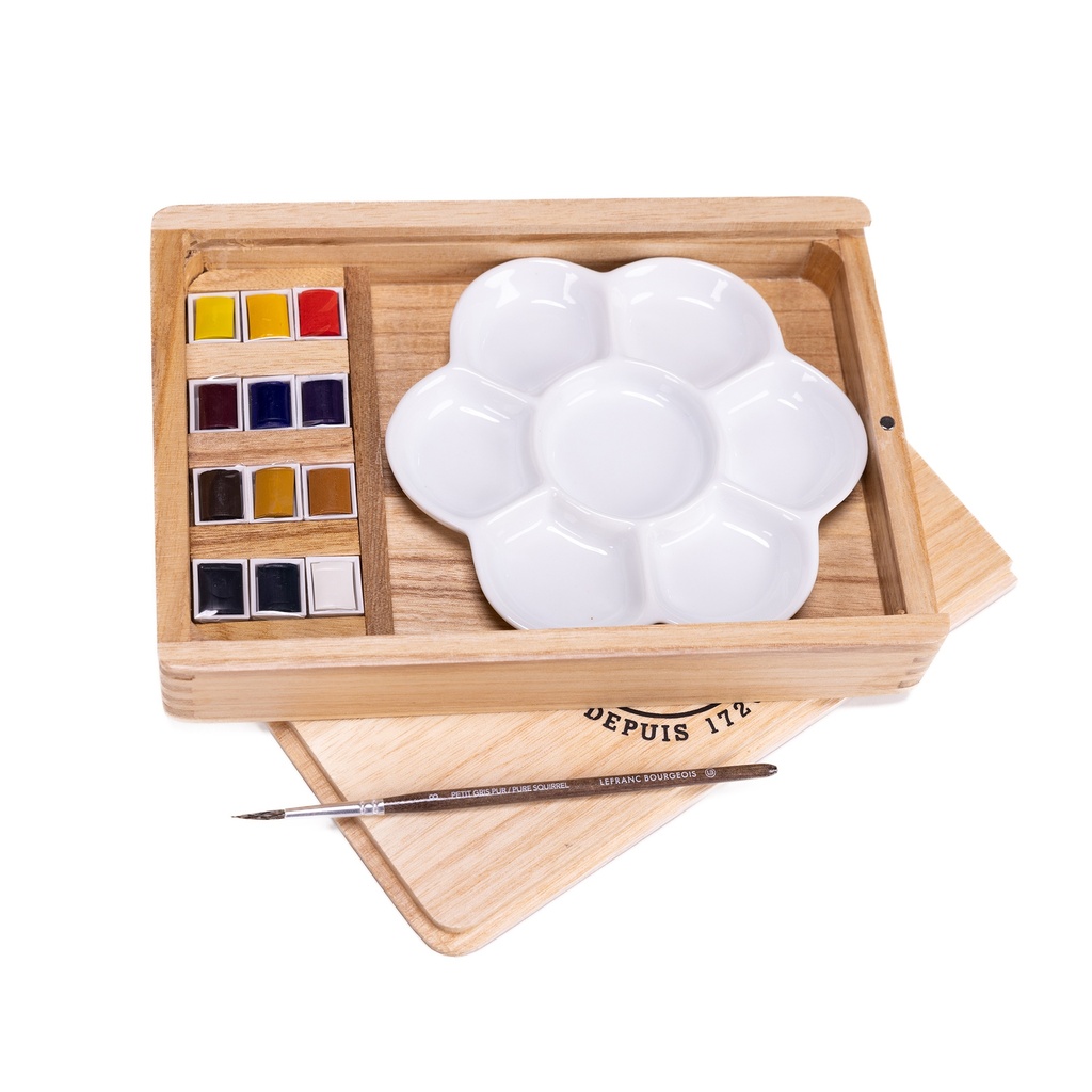 SET DE ACUARELA EN PASTILLA 12 COLORES CAJA DE MADERA - LEFRANC